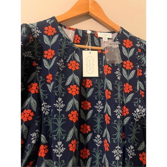 Mudpie Womens M Pierce Flounce Top Blue Statement Elbow Sleeve Floral Peplum New - Picture 9 of 14